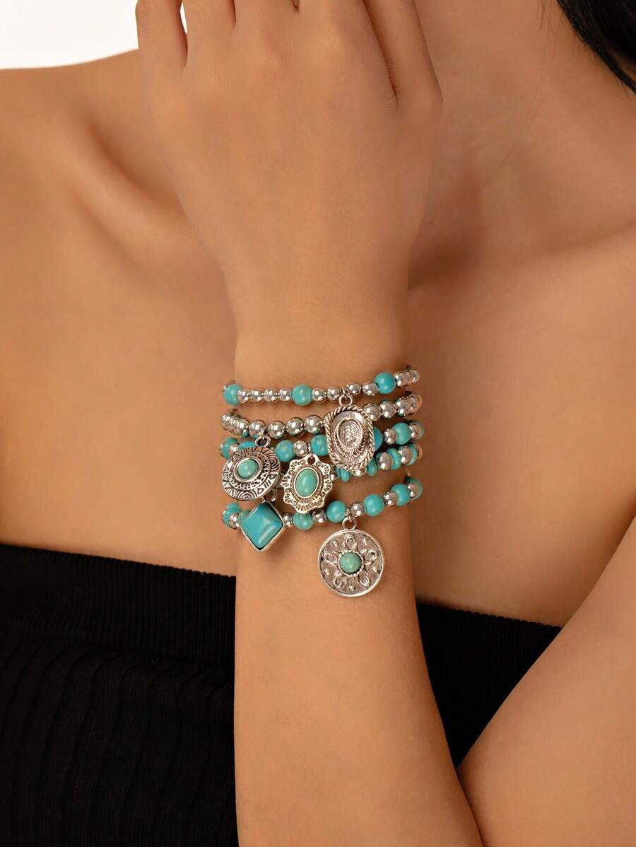5 Stück/Set Vintage Türkis Perlen Elastikband Armband Set im Western Cowboy Stil, geeignet für den täglichen Gebrauch, unisex (handgemachte Perlenfarbe, -position und -menge sind zufällig)