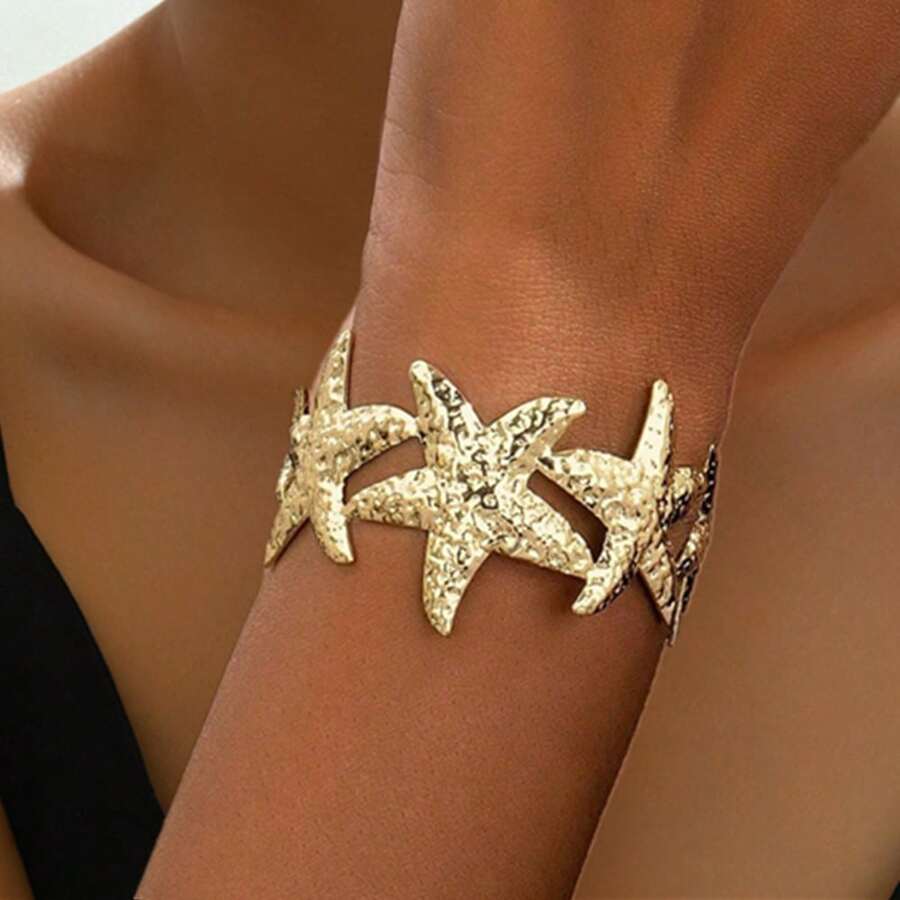 1pc Fashionable Minimalist Metallic Sea Star Linked Adjustable Bangle Bracelet For Women