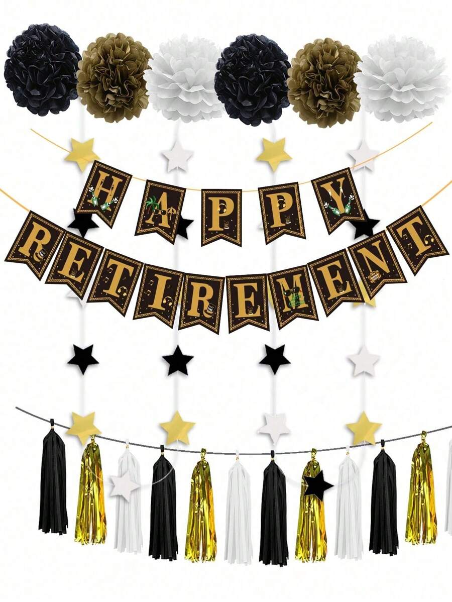 Happy Retirement Banner Background Set, 24pcs, Including 'HAPPYRETIREMENT' Banner 1 Pack, Black, Gold, White Tassel 15pcs, Black, Gold, White Pennant Banner 1pc, Black, Gold, White Paper Flower 6pcs,Christmas