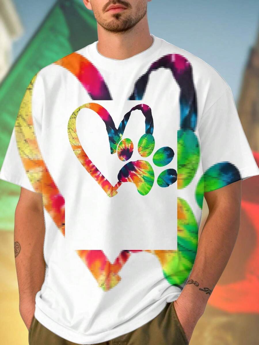 T Shirt Uomo Colorful Heart with Paw Print Maglietta Casual Manica Corta Regalo Amante Animali Stile Unico Comoda Qualità Moda Novità Outfit Estivo Must Have
