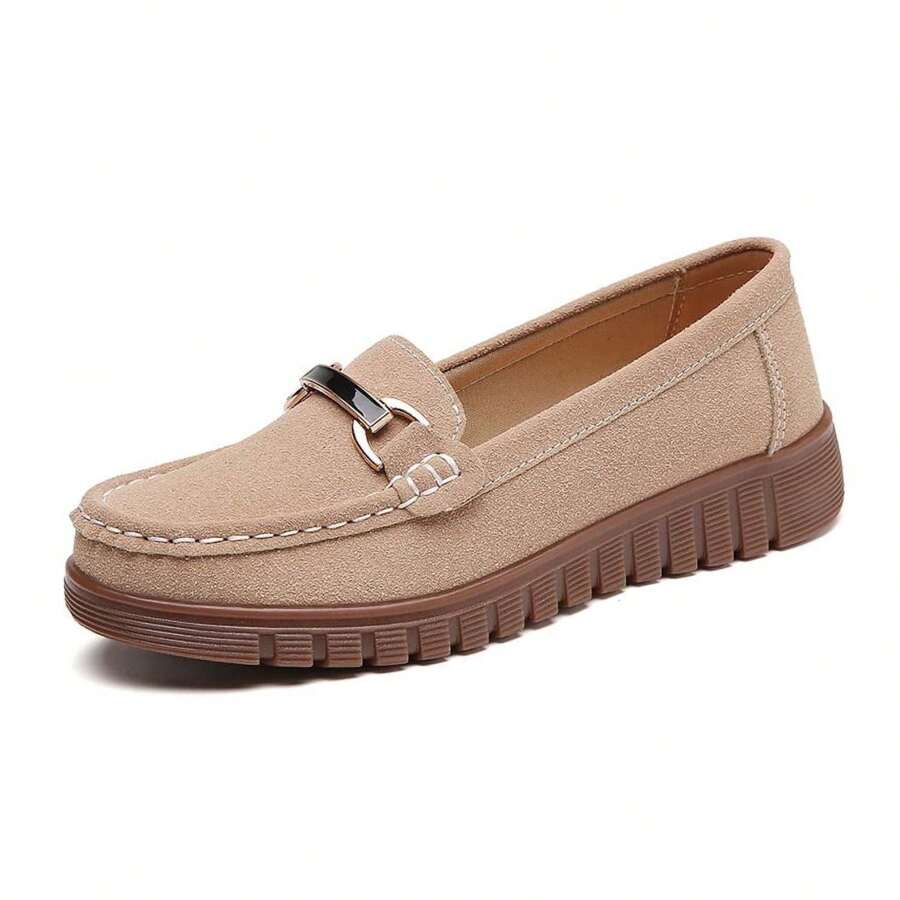 Loafers For Women, Comfortable Slip On Suede Flats Metal Buckle Walking Shoes