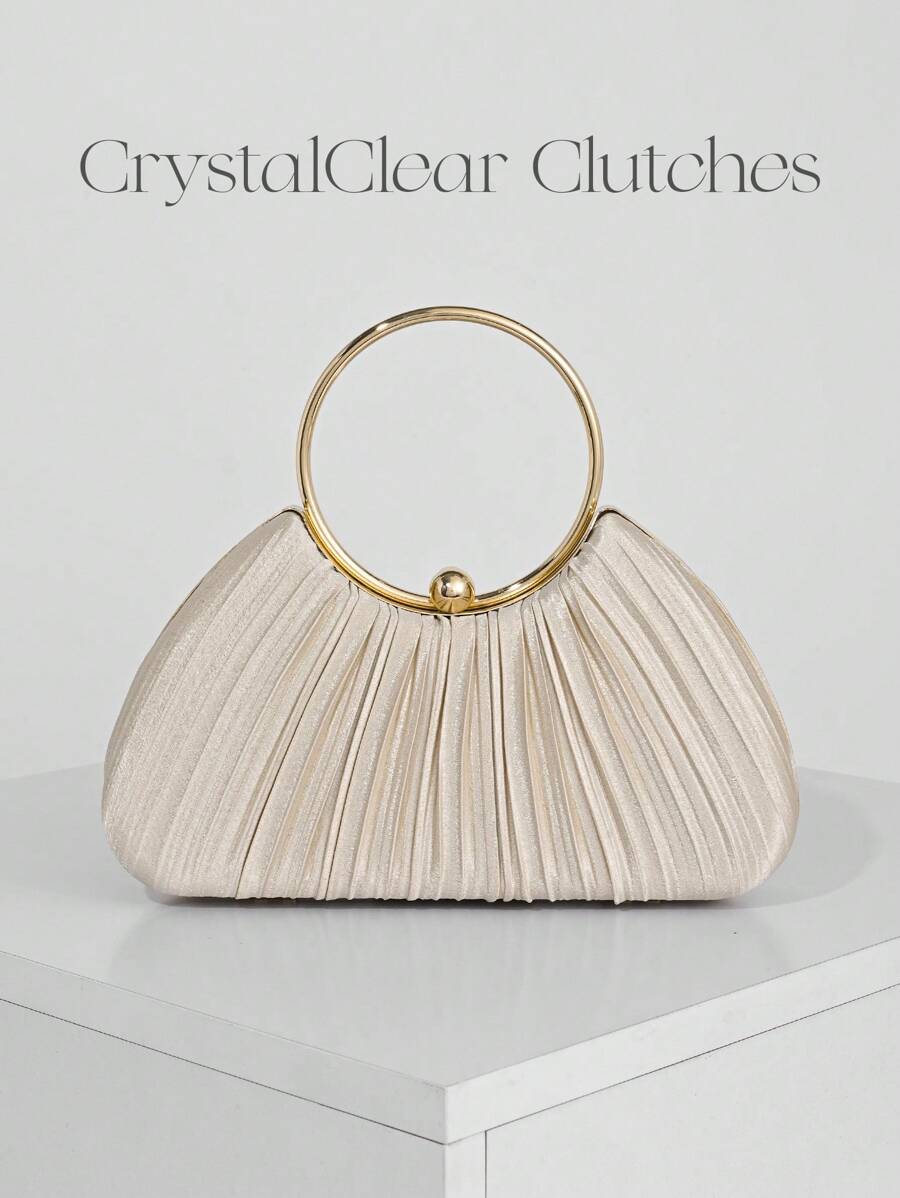Elegante clutch da sera in raso plissettato a forma di scatola, borsa da abito formale con manico in metallo, adatta per abbinare abiti da ballo, festa, matrimonio, sposa, damigella, abito da compleanno, borsa color champagne