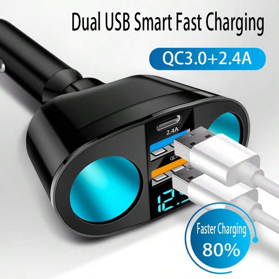 1 Peça Carregador Veicular Hub 5 em 1, Carregador Veicular Tipo C com Exibição Digital, Carregamento Rápido QC3.0, Adaptador Multifuncional de Isqueiro Veicular para Expansão de Carregador Veicular, Adequado para Uso Diário, Viagens Longas, Carregamento Durante a Condução, Acessórios Automotivos