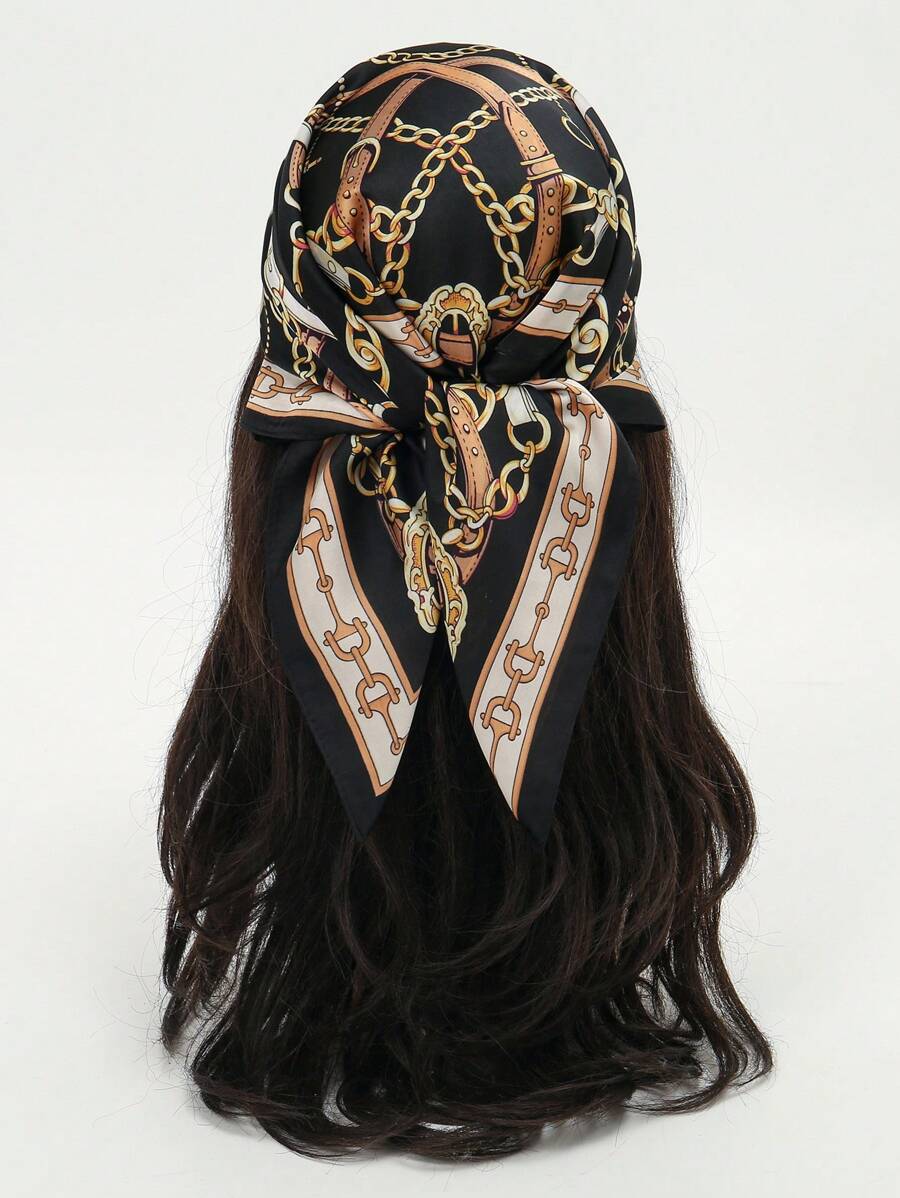 1 pezzo Bandana in finta seta con stampa a catena, sciarpa di moda da donna, fascia decorativa, adatta per uso quotidiano