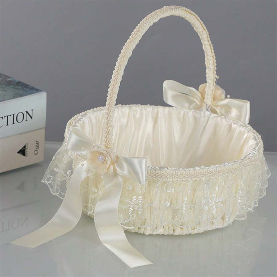 Flower Girl Hand Basket Artificial Floral Decor Woven Hamper Petal Storage Lace Wedding Basket