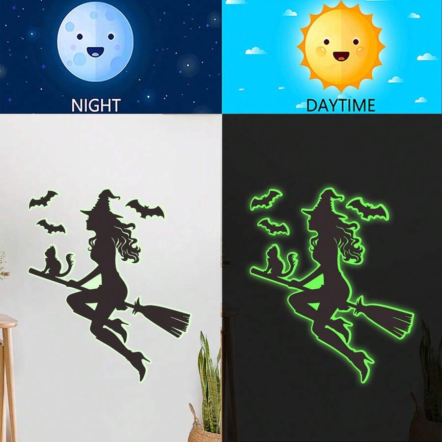 1/3/5 Stücke Halloween leuchtende grüne Wanddekoration, PVC Wandaufkleber - Hexe und schwarze Katze auf Besen reitend, Kürbis Geist toter Baum Monster Fledermaus Illustration leuchtende Aufkleber, Heimdekoration, Heim- und Partydekoration, glatte Oberfläche, geeignet für Halloween Weihnachten Wanddekoration, einfach anzubringen, Heimdekoration, Halloween Party Dekoration, einfach anzubringen, Zubehör für Spukhaus Heimdekoration, Halloween Weihnachtsgeschenke