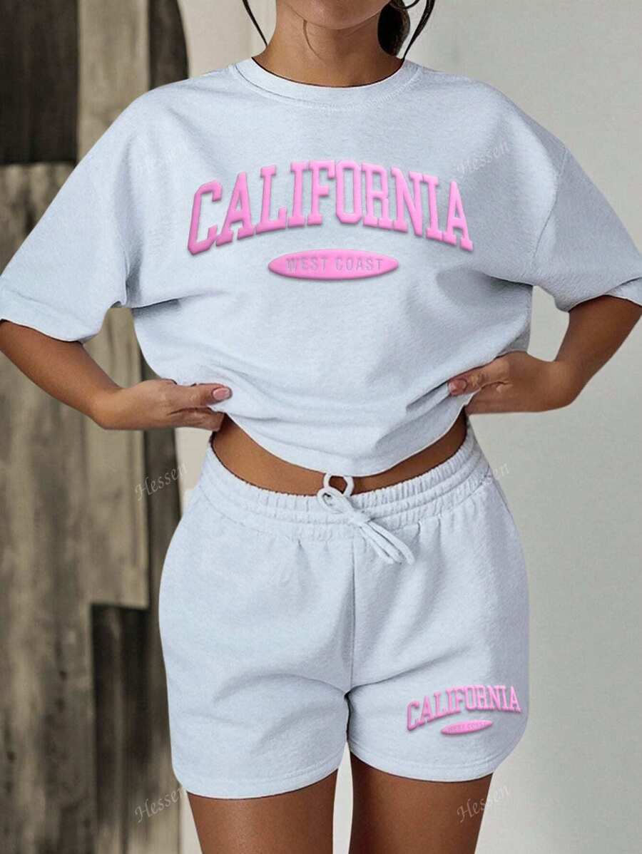 2pcs Women Casual Letter Print Loose Round Neck Short Sleeve T-Shirt And Shorts Set, Printed Stylish Set For Everyday Wear, Holiday