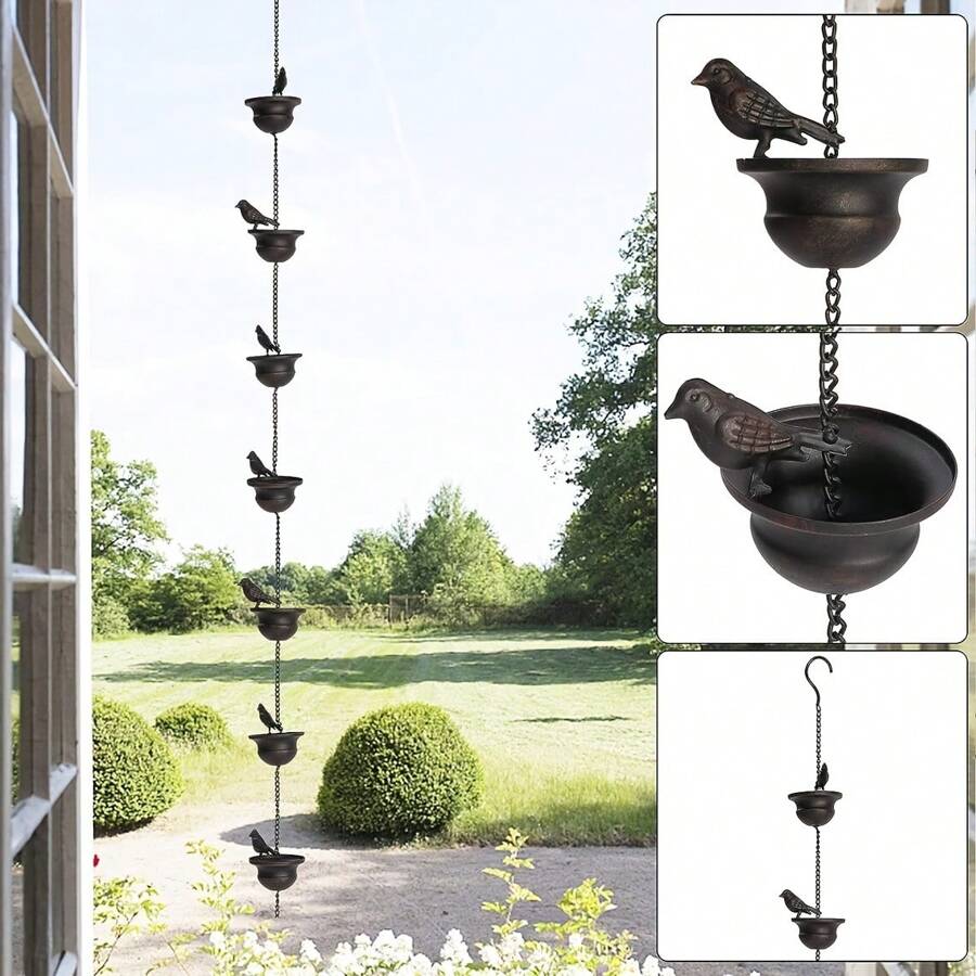 1 Stück Metallvögel auf Tassen Regenkette für Outdoor, Regenketten für Dachrinnen Fallrohre, hängende Outdoor Gartendekoration, Dunkelbraun (ausgestattet mit 8 Tassen und 9 3D Vogelmodellen)