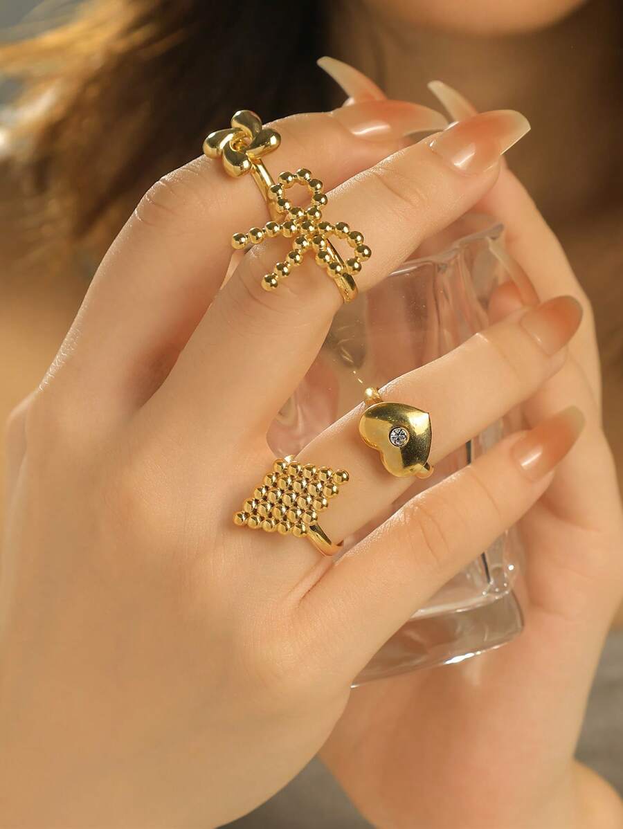 1 Peça Anel Elegante Banhado a Ouro em Aço Inoxidável, Decorado com Desenhos Florais, Laço, Coração e Treliça, Adequado para Uso Diário de Mulheres, Reuniões com Amigos