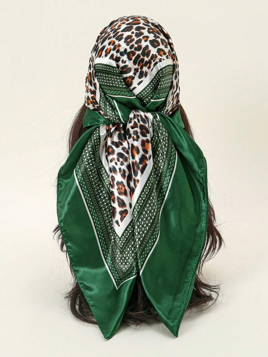 1 buc Eșarfă pătrată pentru femei, la modă, 90 cm, bandană imprimată, primăvară/vară, eșarfă din satin cu lanț leopard