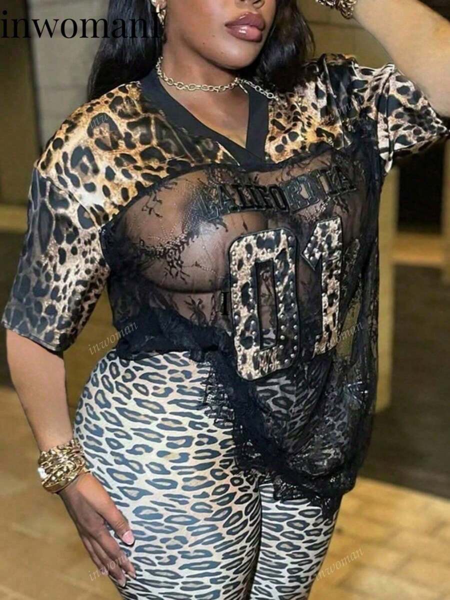 Completo estivo da donna per l'estate, top a laccetto con strass a forma di lettera, cheetah, prent, per feste di mezza notte, scollo a V, metà della coscia - guarda attraverso la scollatura a T