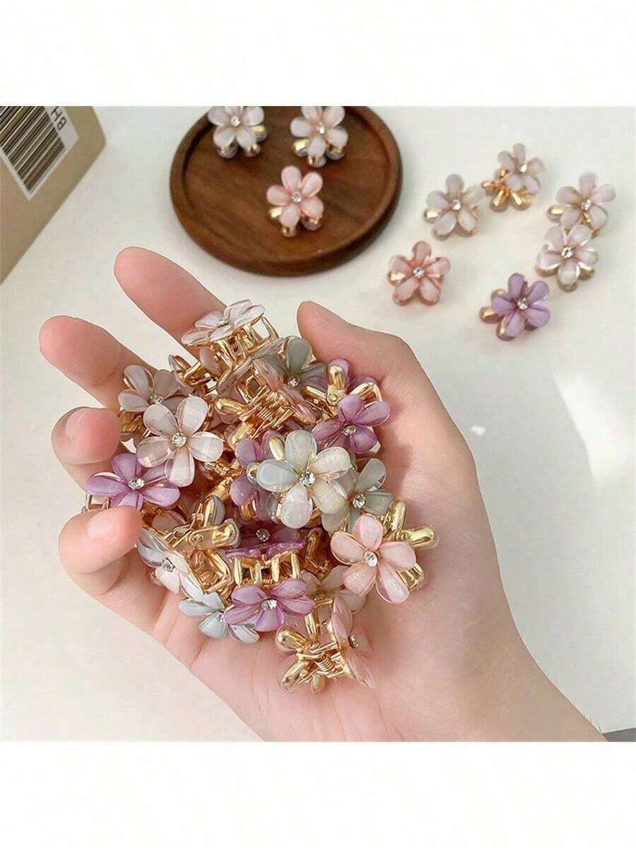 6pcs/Set Women's Mixed Color Alloy Crystal Flower Hair Clips, Elegant High-End Bangs/Fringe Clips, Princess Style Hair Accessories, Versatile For Daily Decoration, Dating, Commuting, Gift Flower Claw Clips