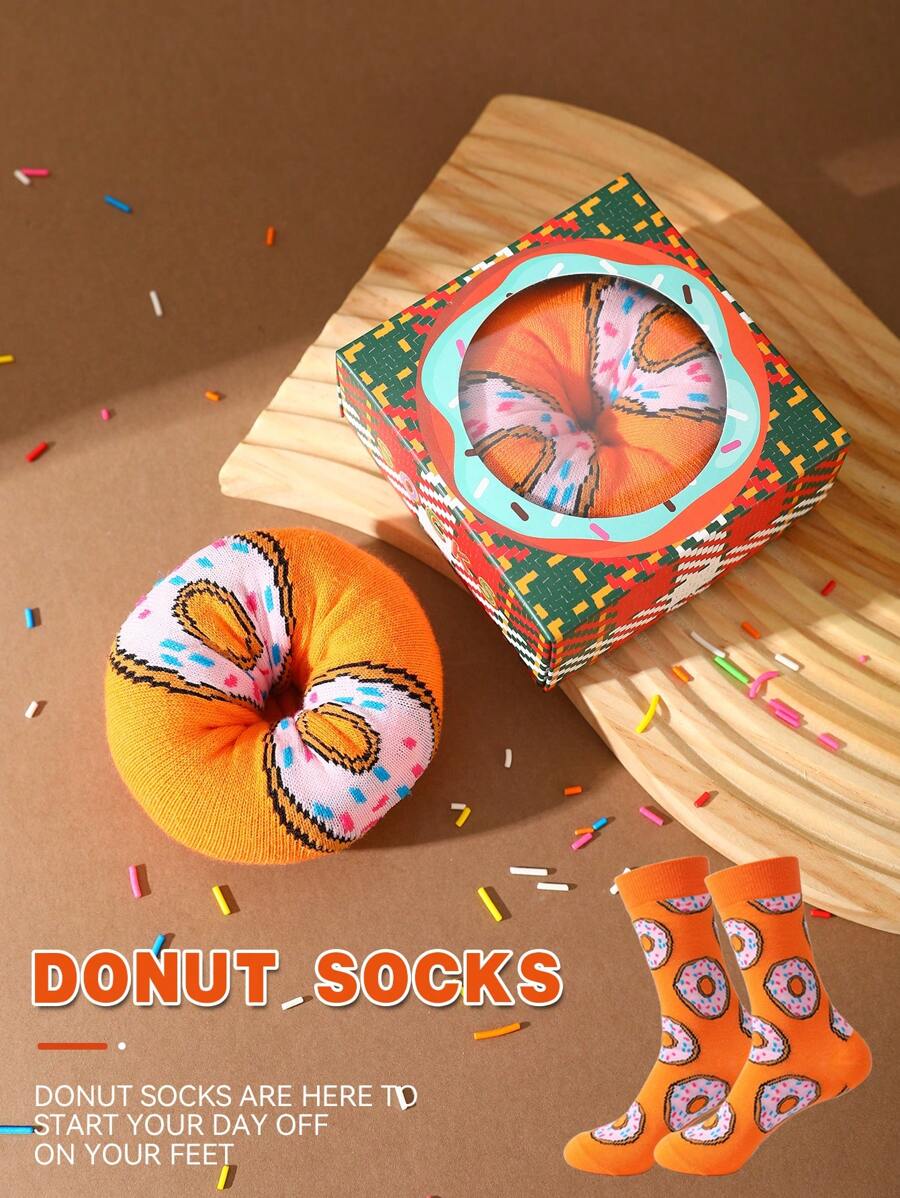 1 par de calcetines de alta calidad con diseño de rosquilla, calcetines cómodos y lindos aptos para primavera/verano/otoño/invierno, aplicables para Navidad, Halloween, Acción de Gracias, Día del Maestro, Carnaval, Ramadán, Día de la Independencia, temporada de regreso a clases y otras festividades. Calcetines divertidos y de moda, calcetines coloridos y creativos, ideales para regalos festivos.