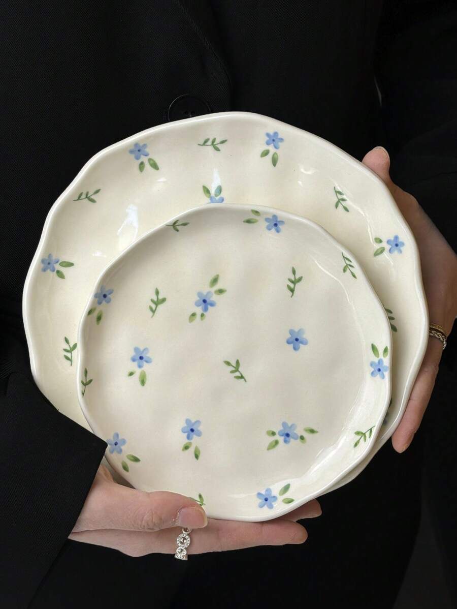 1 pieza Plato de cena de cerámica con estampado floral azul de estilo INS, bandeja de comida esmaltada asimétrica hecha a mano, vajilla del hogar, plato para bistec, pasta, ensalada, postre, fruta, regalo de fiesta para novio/novia
