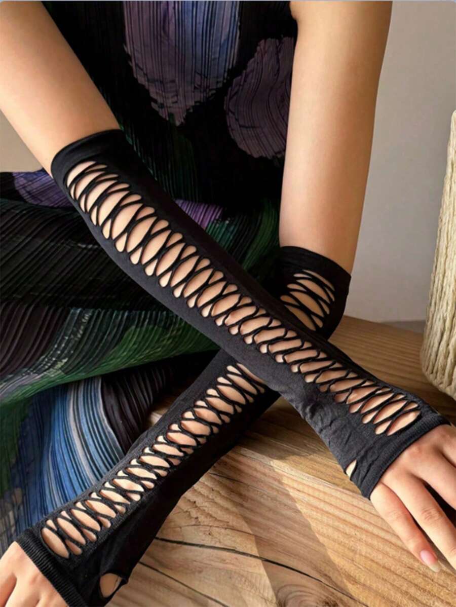 1 Par de Mangas Vintage Desgastadas e Furadas para Mulheres, Luvas Sem Dedos Sexy e Ousadas de Estilo Hyuna para Festa de Halloween, Adequadas para Uso Diário