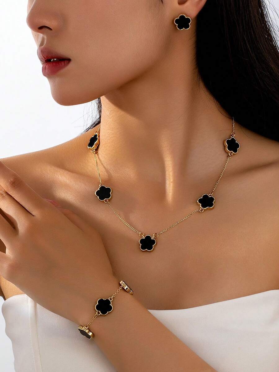 1 Juego de joyería elegante y versátil con collar, aretes y pulsera con diseño de flor de 5 pétalos