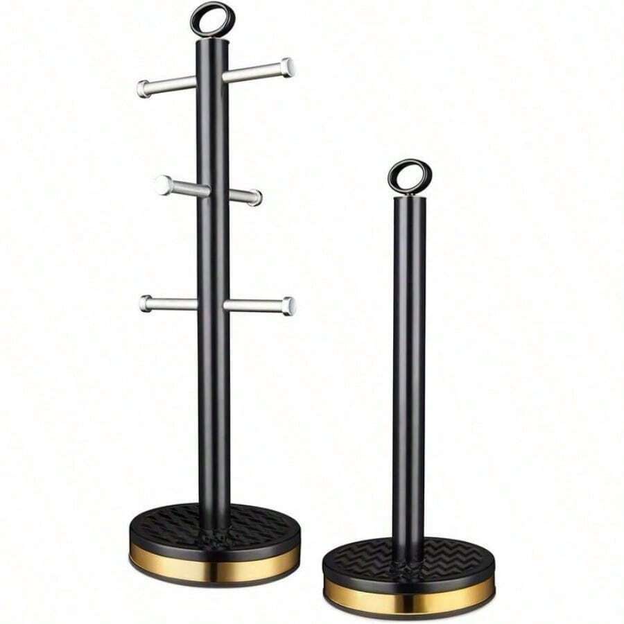 Empire Stainless Steel Mug Tree & Towel Holder Set - Anti-Slip Brass Accented Stand For Kitchen Counter (Black & Gold) Organiser Racks