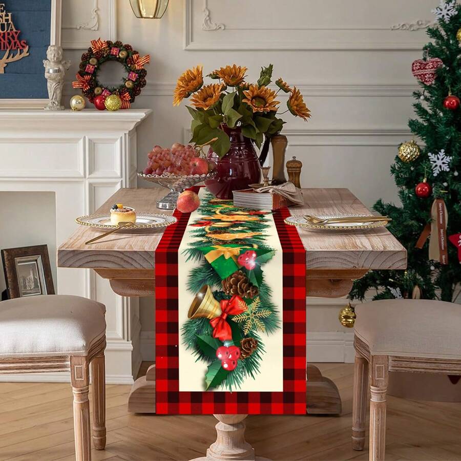 1 pieza/270 piezas Camino de mesa navideño, con diseños de campanas, galletas y lazos, de material de poliéster, de 35x181cm, para decoración de mesa de hogar, fiesta, restaurante, sala de estar en Navidad, decoración de centro de mesa para comedor interior y exterior