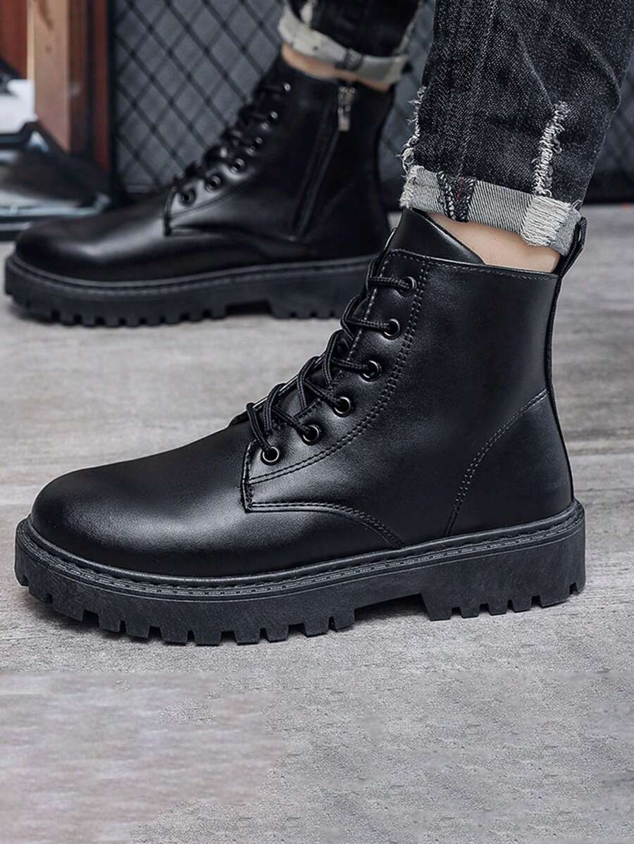 Botas de cano alto masculinas, botas de trabalho estilo motociclista, sola de borracha antiderrapante, cabedal de couro premium, calçados casuais quentes e versáteis para outono/inverno, calçados urbanos para deslocamento e ciclismo