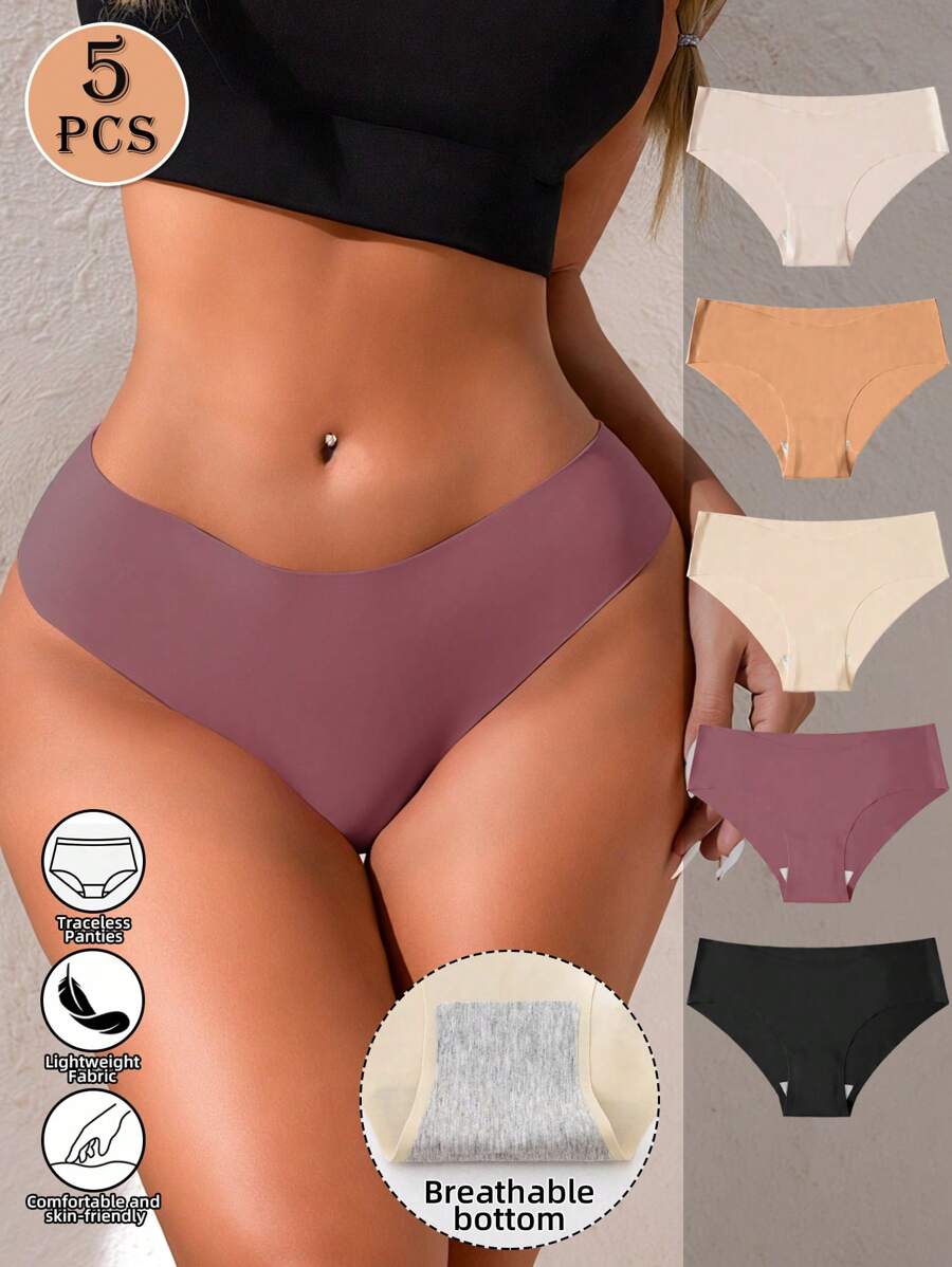 5pcs Set Seamless Low Waist Panties Traceless Sexy Lingerie Panty Breathable Underwear Women Ice Silk Solid Briefs Intimates Yoga Sports Comfy Female Underwear