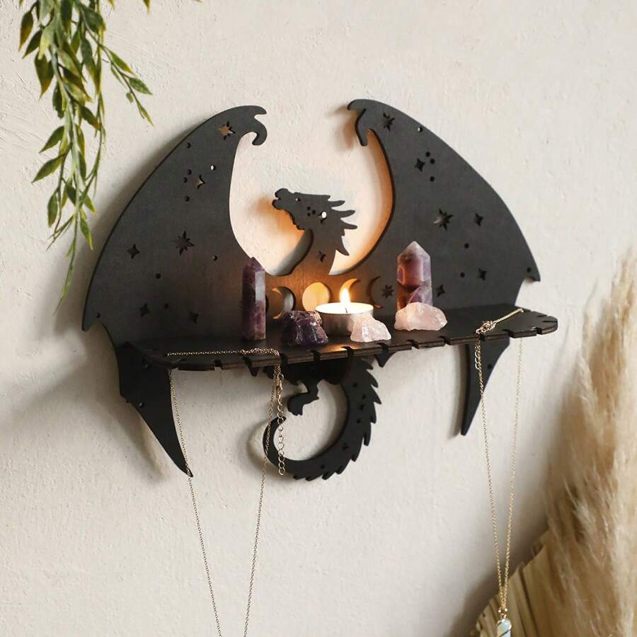 1 Stück Gotischer Stil Holz Drachen Wandregal für Kristalle, Heim Schlafzimmer Deko Ornament Aufbewahrung Wandregal