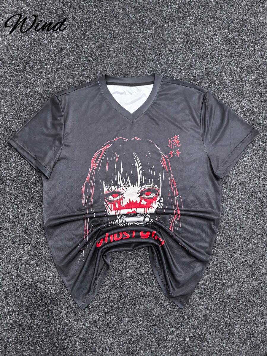 Summer Men's Short Sleeve Anime Y2K Slogan/Character Goth Girl Portrait Print T-Shirt, Suitable For School Wear