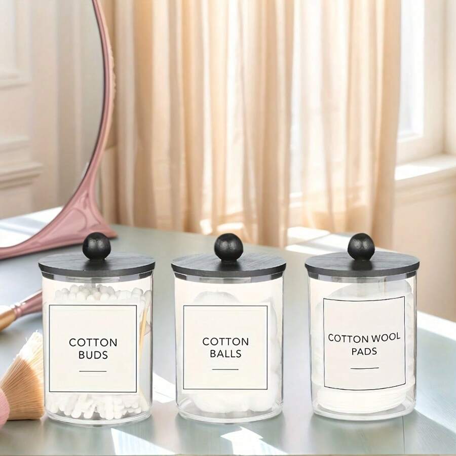 2/3/4 Paquetes de 10 onzas Frascos de plástico transparente tipo boticario Contenedores de almacenamiento para el baño Portacubiertos con tapa para organizador de maquillaje en el tocador - Juego de accesorios de baño para hisopos, bolas, almohadillas, hilo dental