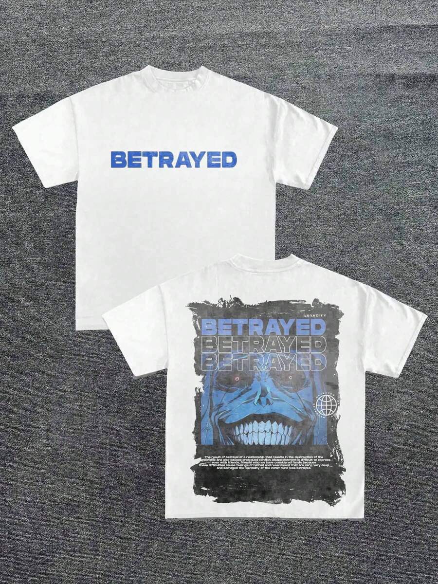 Camiseta gráfica para hombre con estampado azul de anime estilo "Traicionado", de manga corta, informal y casual, top de moda urbana fresca para el verano