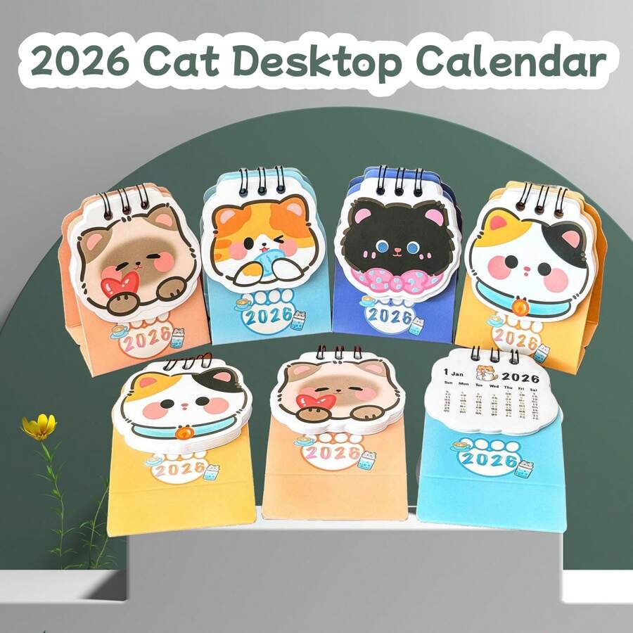 1 Stück 2026 Katzen Doudou Tischkalender, süßer Check-in Rekord Anzeige, Selbstdisziplin Kleinkalender, Lernassistent, hochwertige Optik für Schreibtisch und Büro, zufälliger Stil und Farbe