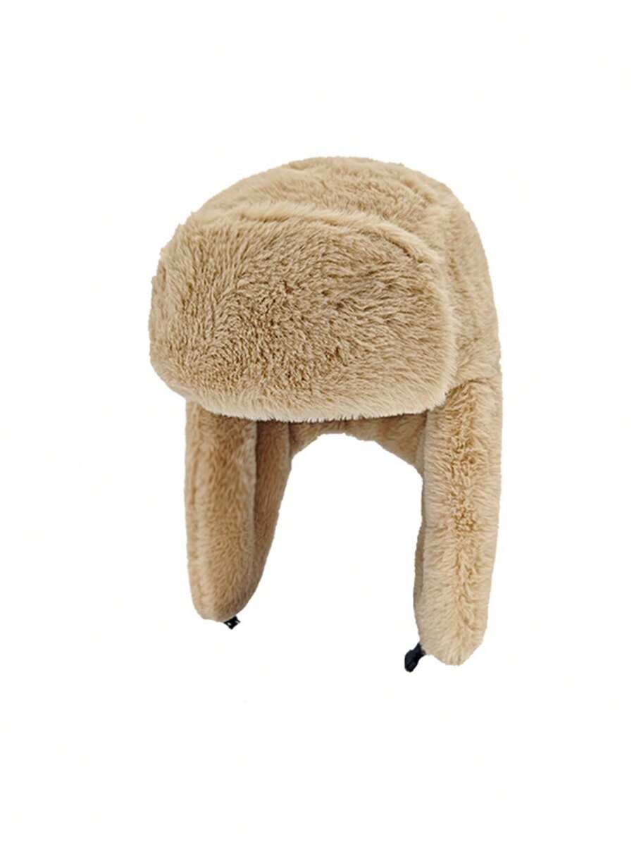 1pc Men's Black Bomber Trapper Hat, Adjustable Warm Fleece Earflap Cap For Outdoor, Spring/Autumn, Suitable For Travel, Beach, Party