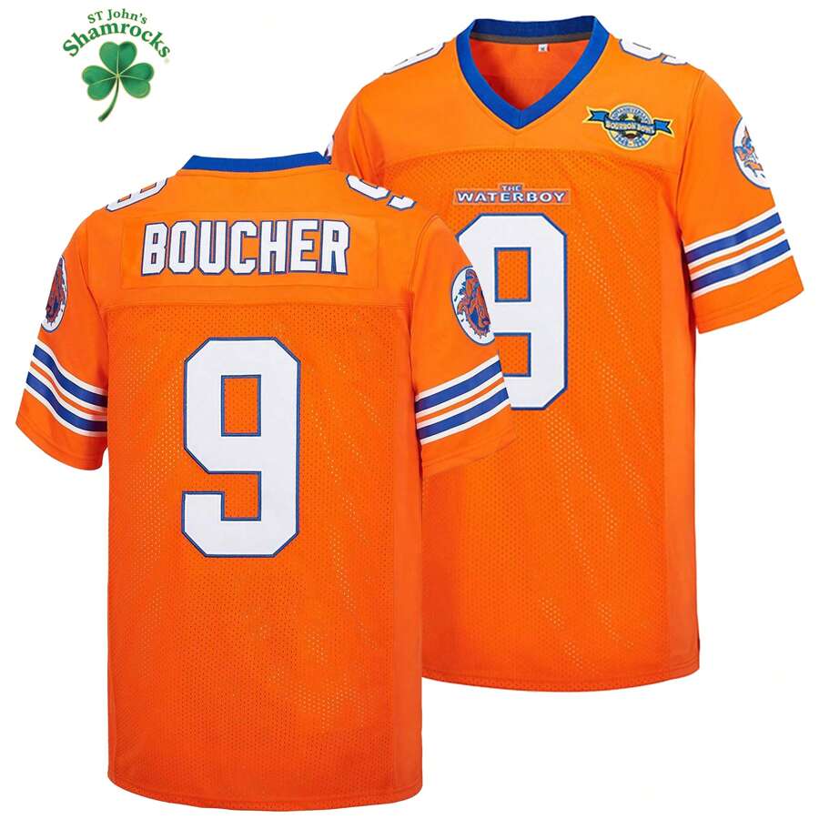 Kekambas Bobby Boucher #9 The Waterboy Adam Sandler Film Mud Dogs Bourbon Bowl American Football Trikot aus elastischem Stoff - Retro Sportsstil, geeignet für Rugby und Freizeitaktivitäten - Größe S-2XL