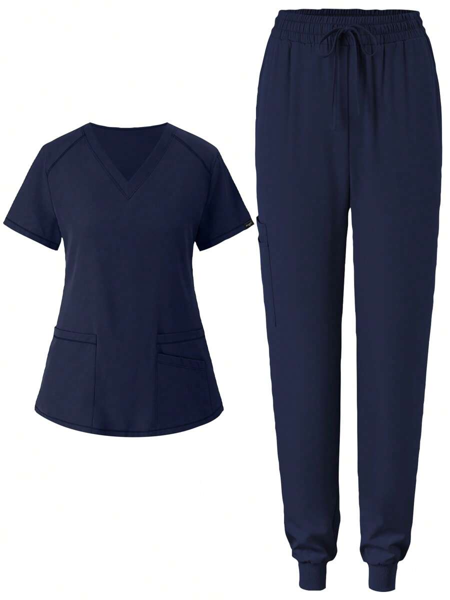 Women's Matte Stretch Jogging Nurse Uniform Scrub Top And Pants Set With Pockets, Breathable Brush Hand Clothing