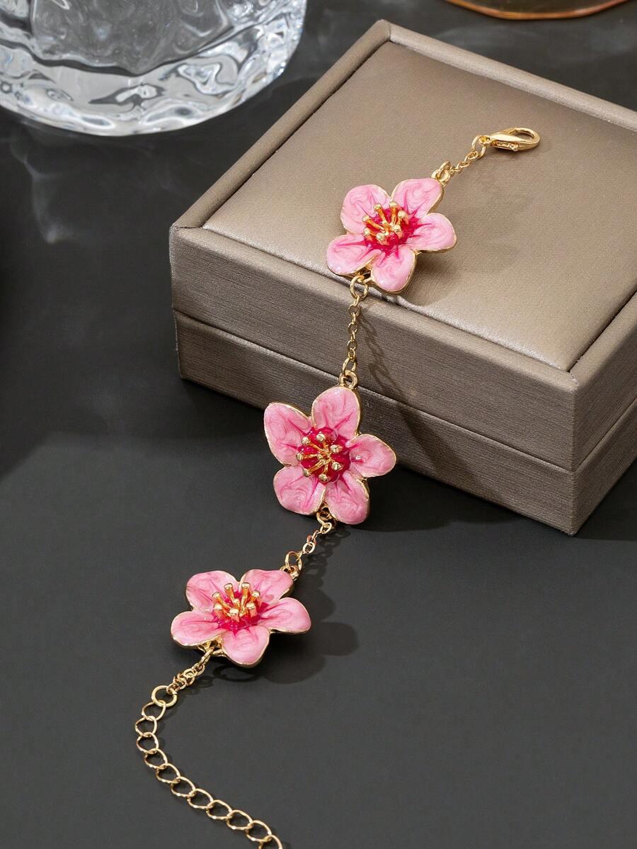 1pc Summer Vacation Style Elegant Pink Oil Drop Flower Shaped Women's Five-Leaf Bracelet, Wedding Gift