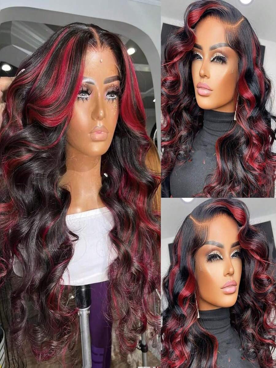 Parrucca frontale in pizzo trasparente HD con onde del corpo, evidenziata in bordeaux, parrucca in pizzo rosso ombré 99j, capelli brasiliani Remy pre-sfoltiti, lunghezza 34 pollici, per donne