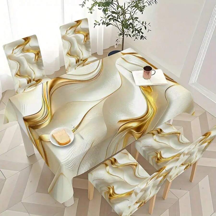 Set de 5 piezas/7 piezas de mantel y funda para silla de mármol ondulado de platino de alta calidad, lavable, adecuado para todas las estaciones, decoración del hogar, fiesta interior y exterior