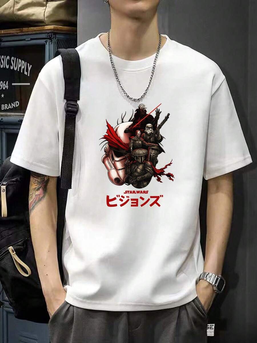 200g Cotton T-Shirt 2025 Men's New Short-Sleeved Cotton Vacation Pattern Short-Sleeved Crew Neck Matching Look
