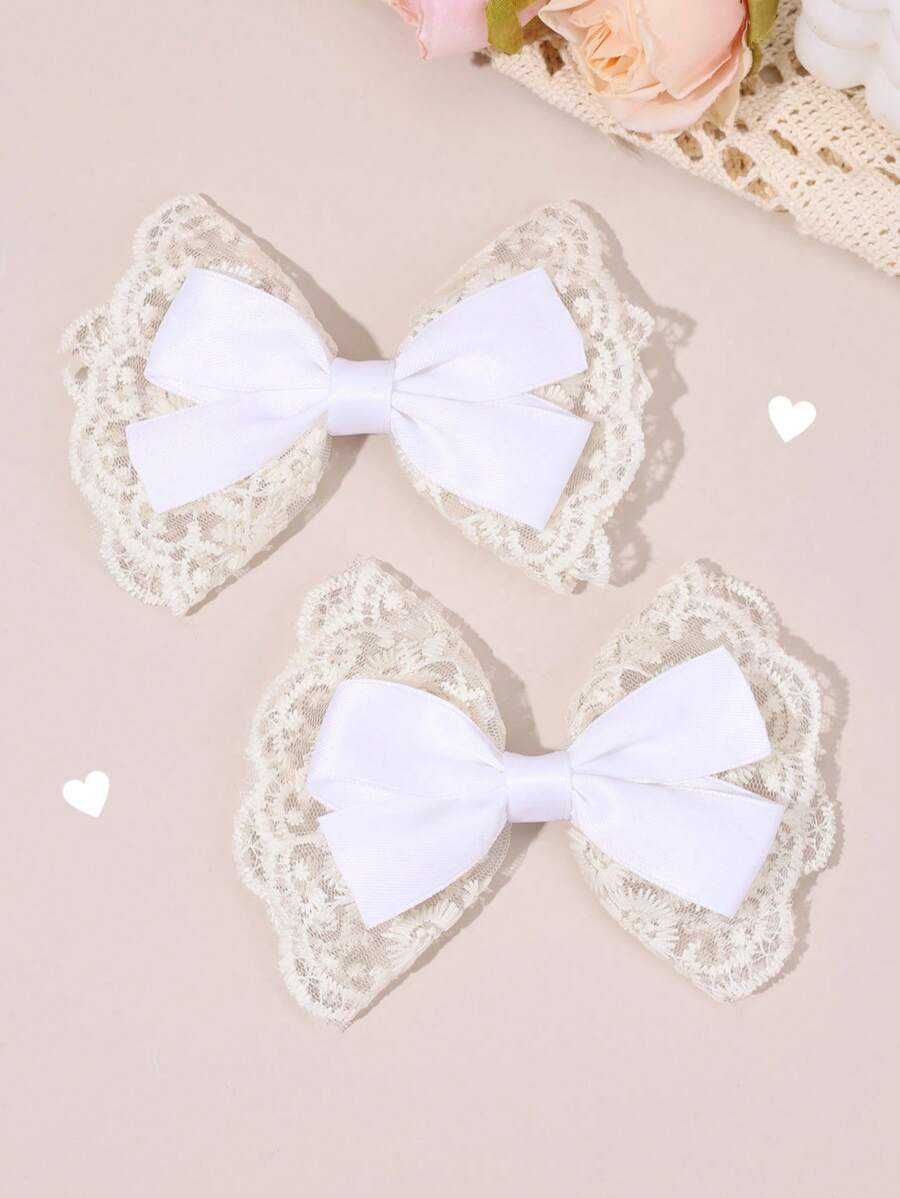 2pcs Beige White Hair Bows For Girls White Ribbon Beige Lace Bow Alligator Clips Elegant Bow Hair Clips Wedding Vacation Bow Barrettes Teens Hair Accessories