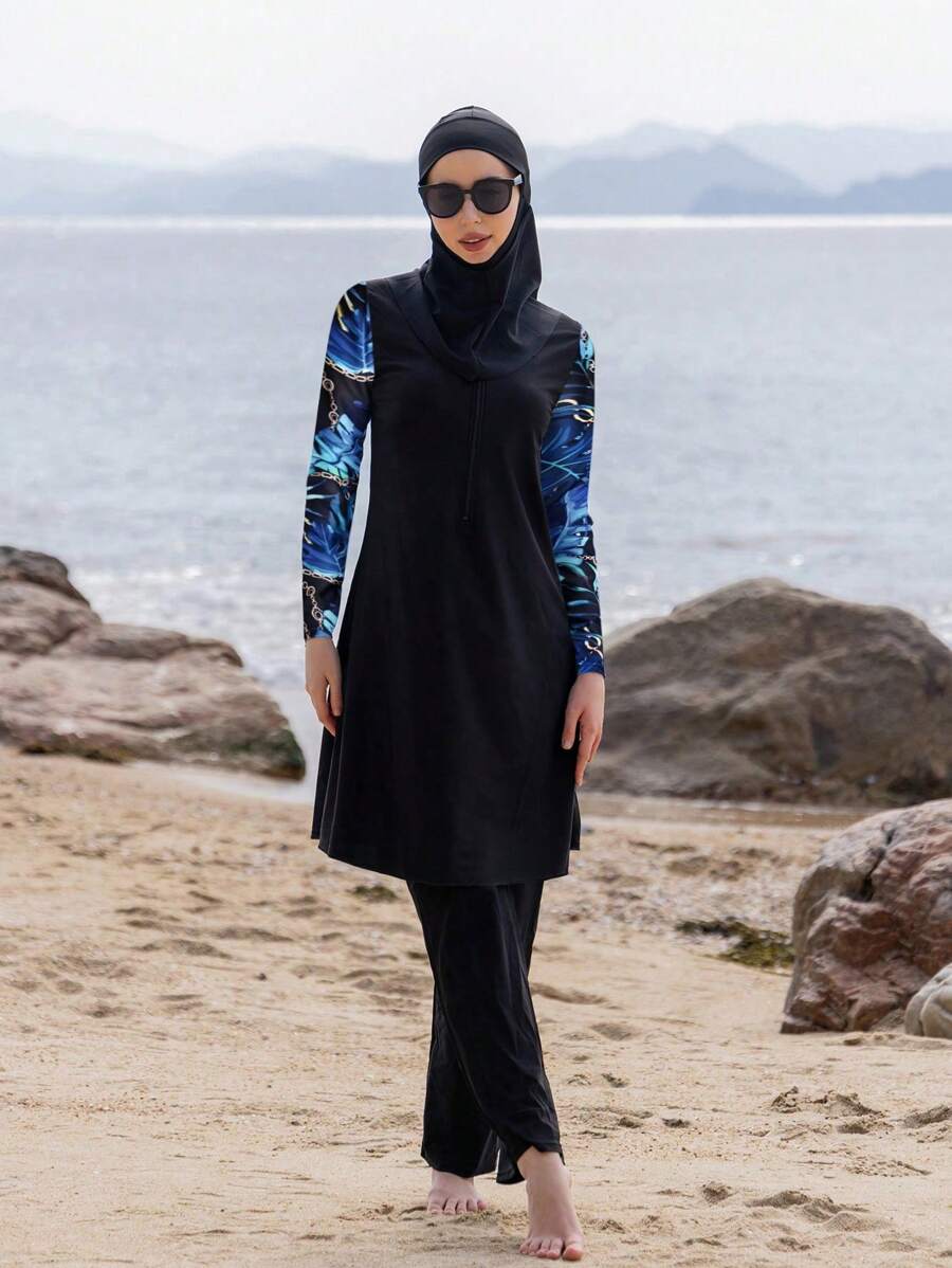 Set de 3 piezas Traje de Body entero de manga larga, pantalones y cobertor de cabeza para mujer musulmana, traje de baño de estilo conservador para el verano