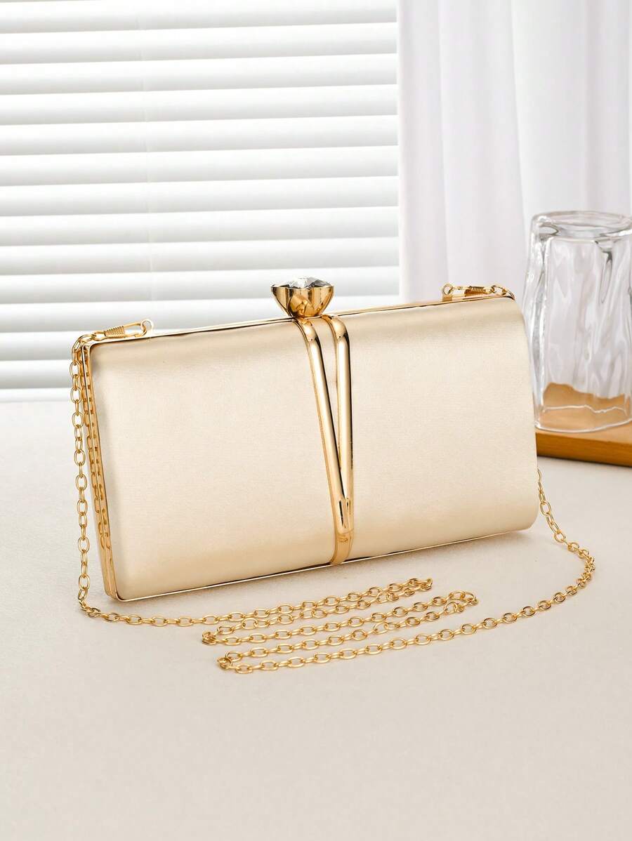Women's Evening Clutch Bag, Bride Wedding Gold Satin Fashion Metal V-Shaped Decoration Wallet, Detachable Metal Chain Shoulder Bag For Wedding Party, Multi-Function Shiny Handbag For Cocktail Party Wedding Purse