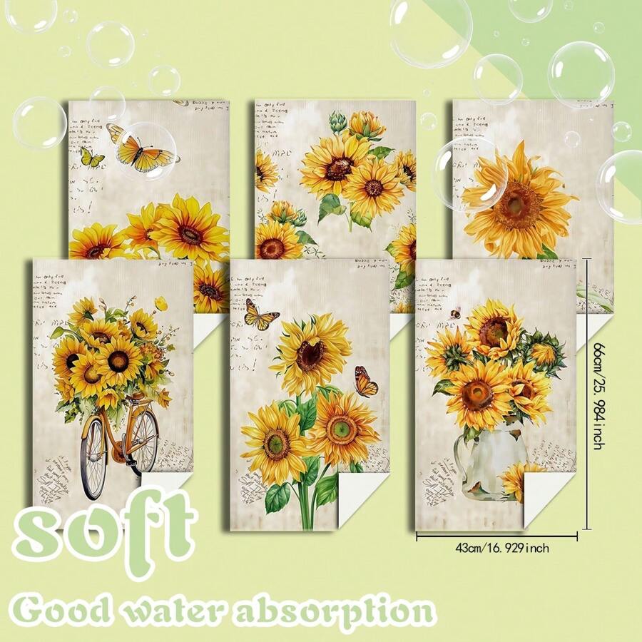 6pcs Kitchen Towels, Absorbent Dish Cloths, Decorative Tea Towels, Quick Dry Cleaning Rags, Reusable For Cooking Baking Housewarming (Yellow Sunflower)For Bathroom Kitchen Decor
