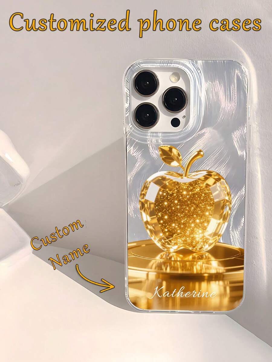 1 pieza Funda protectora de teléfono personalizada con patrón de manzana dorada, transparente, suave, brillante, lisa, de gasa, brillante, impermeable, a prueba de golpes y antideslizante, adecuada para iPhone 16 Pro Max/15Pro/14 Plus/13 Pro/12 Pro Max/11/XsMax/8/7, multicolor, linda, divertida, minimalista, Kawaii personalizada, única, regalo ideal para novio/novia