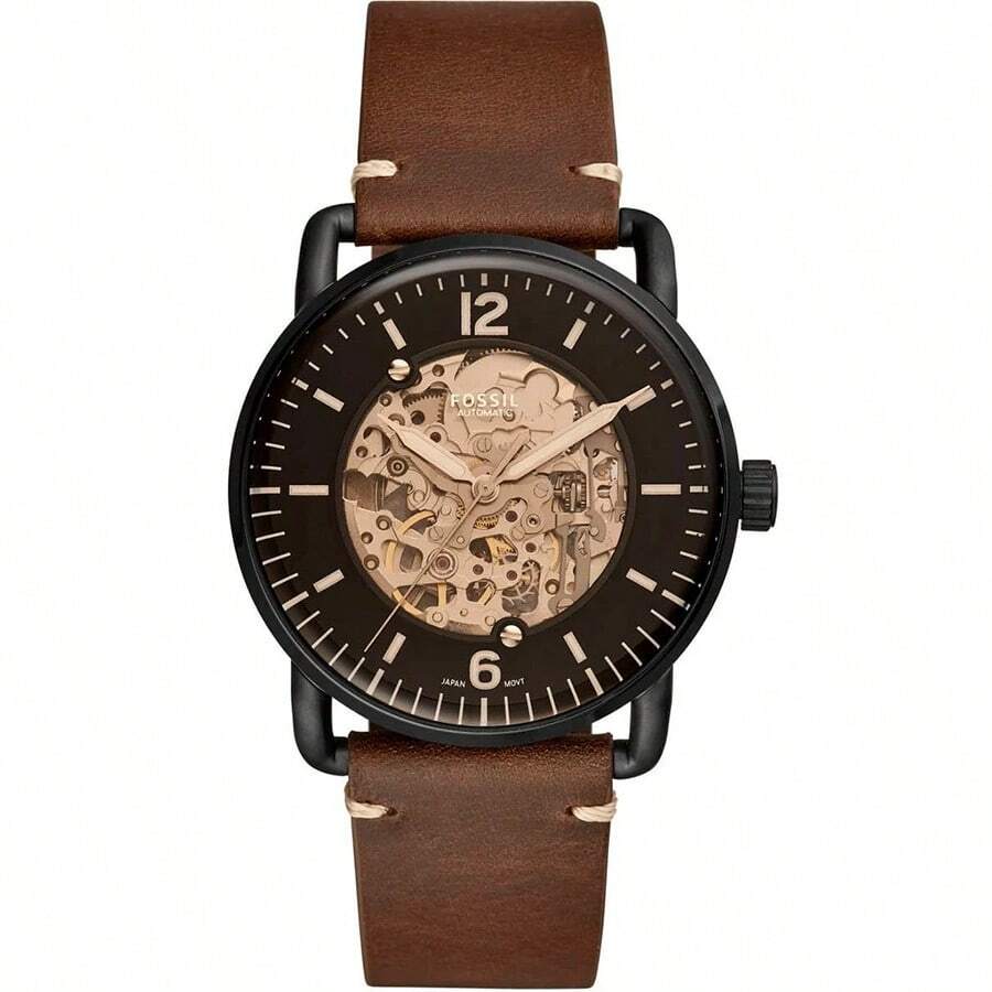 Fossil The Commuter Skeleton Automatic Watch For Men ME3158 Black Round Dial Brown Leather Strap Fashion Casual Watch Suitable For Daily And Dressy Wear Good Birthday Holiday Gift For Men