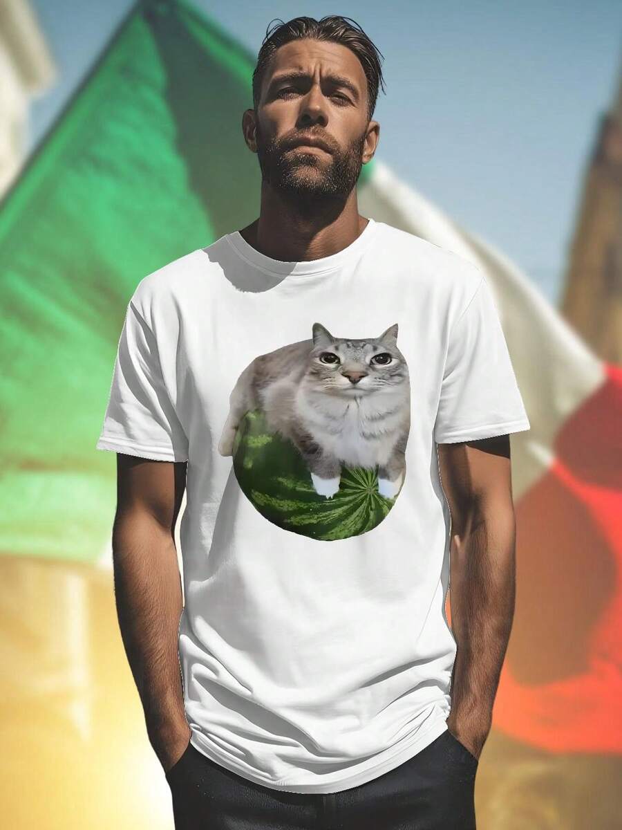 Watermelon Cat T Shirt Maglietta Gatto Anguria Uomo Moda Estiva Casual Divertente Idea Regalo Stampa Unica Novità Offerta Esclusiva Must Have