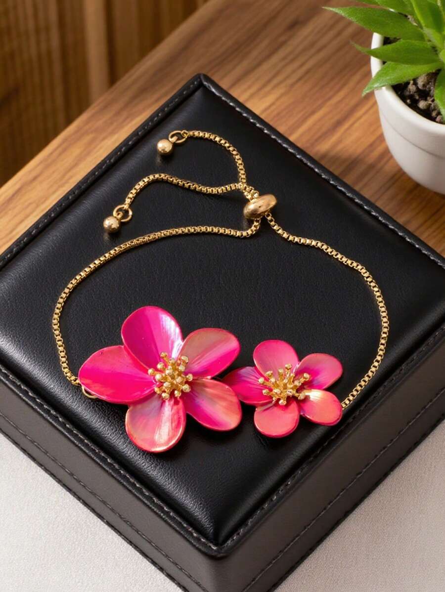 1pc Luxury Premium Pink Rose Floral Bangle Bracelet, Elegant European & American Style