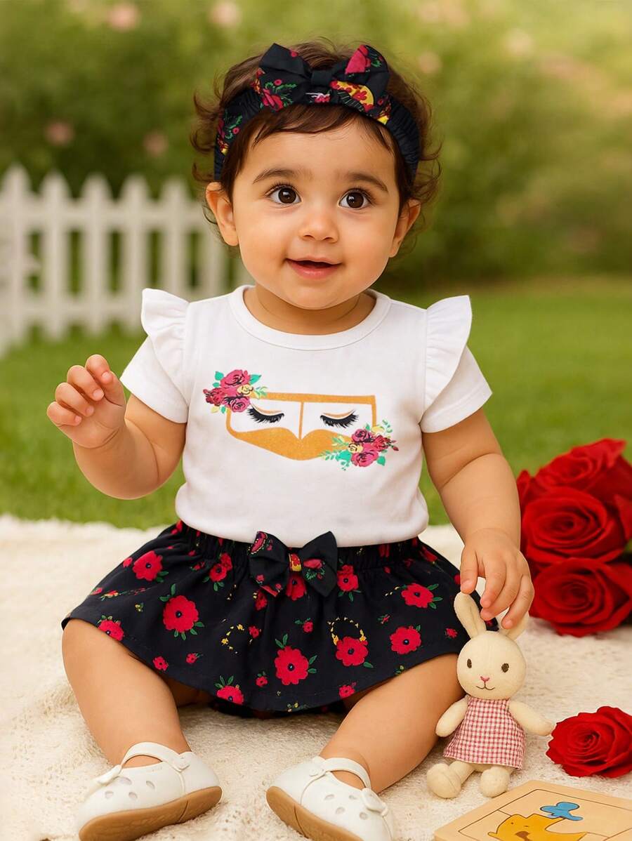 H HIBOBI Set da 3 pezzi di tutina a maniche corte con stampa a rose e gonna, con fascia per capelli, per bambina, per primavera/estate