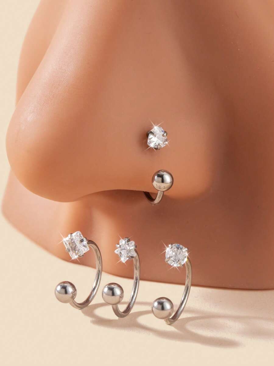 1 buc/4 buc Set Inele de nas din oțel inoxidabil cu zirconiu cubic, rotunde, pătrate, cu inimă, cu stea, cadou elegant de petrecere pentru femei