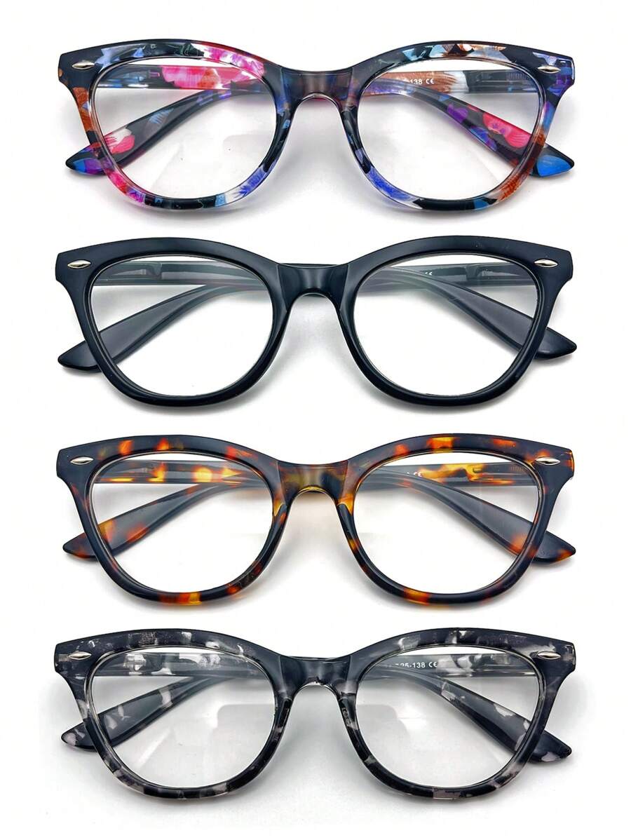 Stylish Reading Glasses Set - 4 Pairs Of Multicolor Cat Eye Frames With Unique Patterned Temples For Men & Women,Fashion Elegant Office Computer Presbyopic Readers For Women Eyeglasses - With Rivet Decoration,Spring Hinges, Full Frame Printed For Daily Use&Best Gifts