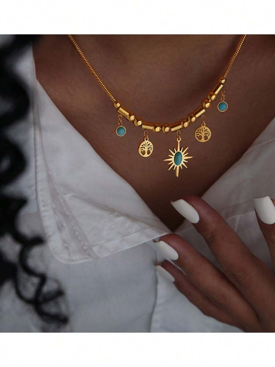 1 bucată de colier tip choker cu pandantiv rotund gol, din oțel inoxidabil, luxos și la modă, în formă de stea aurie, potrivit pentru plajă, cadouri de zi cu zi, petreceri și adunări, atât pentru bărbați, cât și pentru femei.
