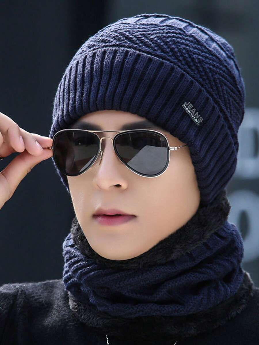 1 Set Women Outdoor Solid Color Fleece Lined Knit Beanie Hat & Scarf, Unisex Suitable For Outdoor, Street, Daily Use, Fashion Versatile Knitted Hat, Ideal Gift (Random Black Fuzzy Scarf)