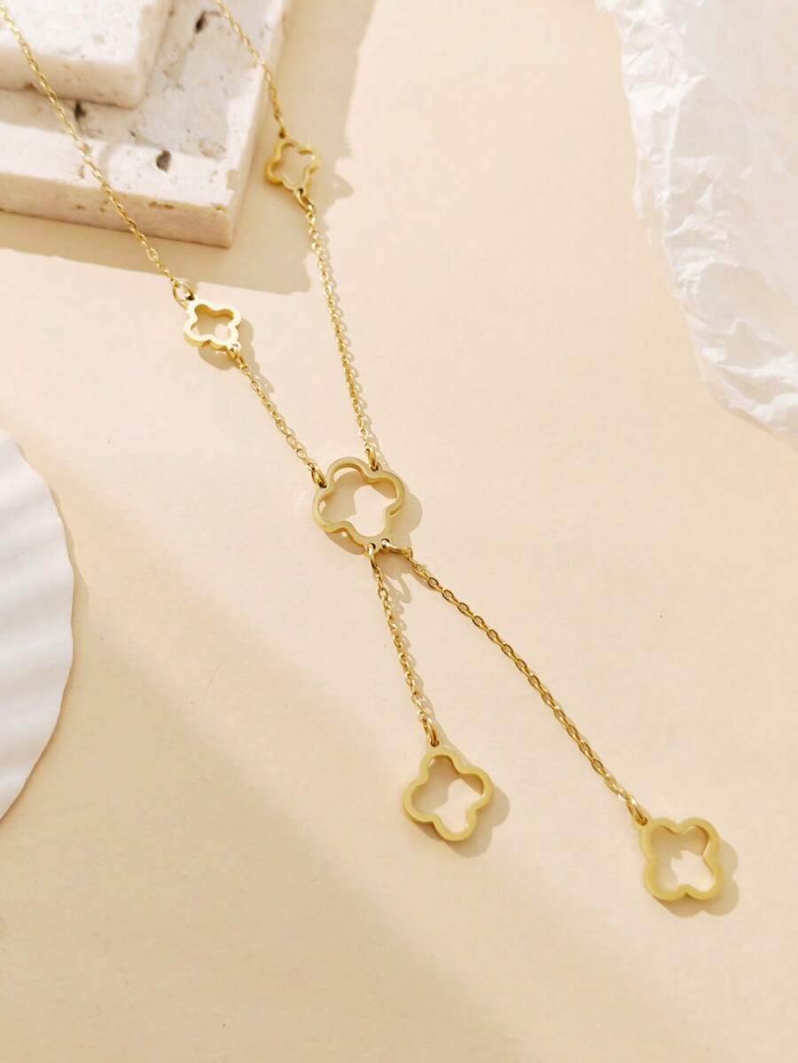 1P Stainless Steel Plated 18K Gold Clover Tassel Pendant Necklace, Lucky Grass Necklace, Suitable For Giving To Ladies, For Mothers,For Girlfriends